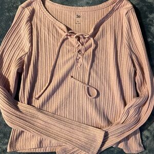 SO Women's Light Pink Lace-Up Ribbed Top